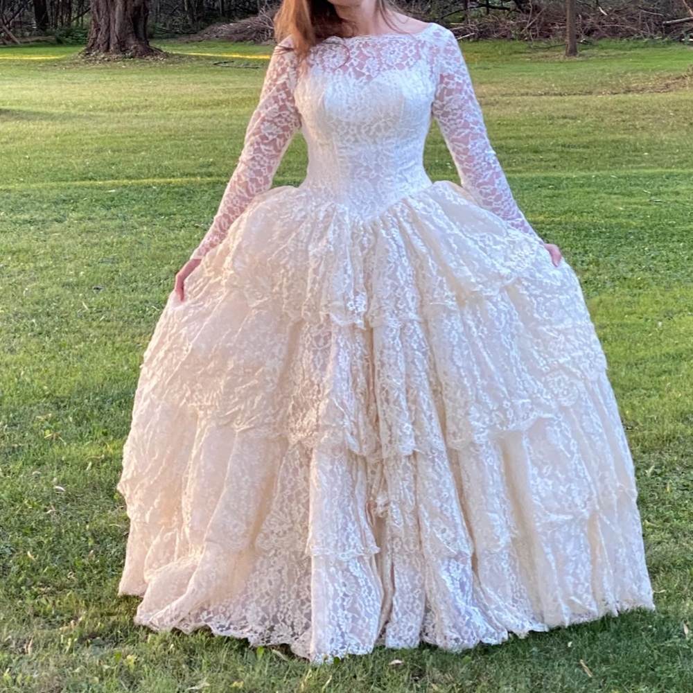 Vintage 40s/50s handmade tulle Fairy Ivory Lace Tiered Layered Wedding Dress XS - Picture 3 of 15